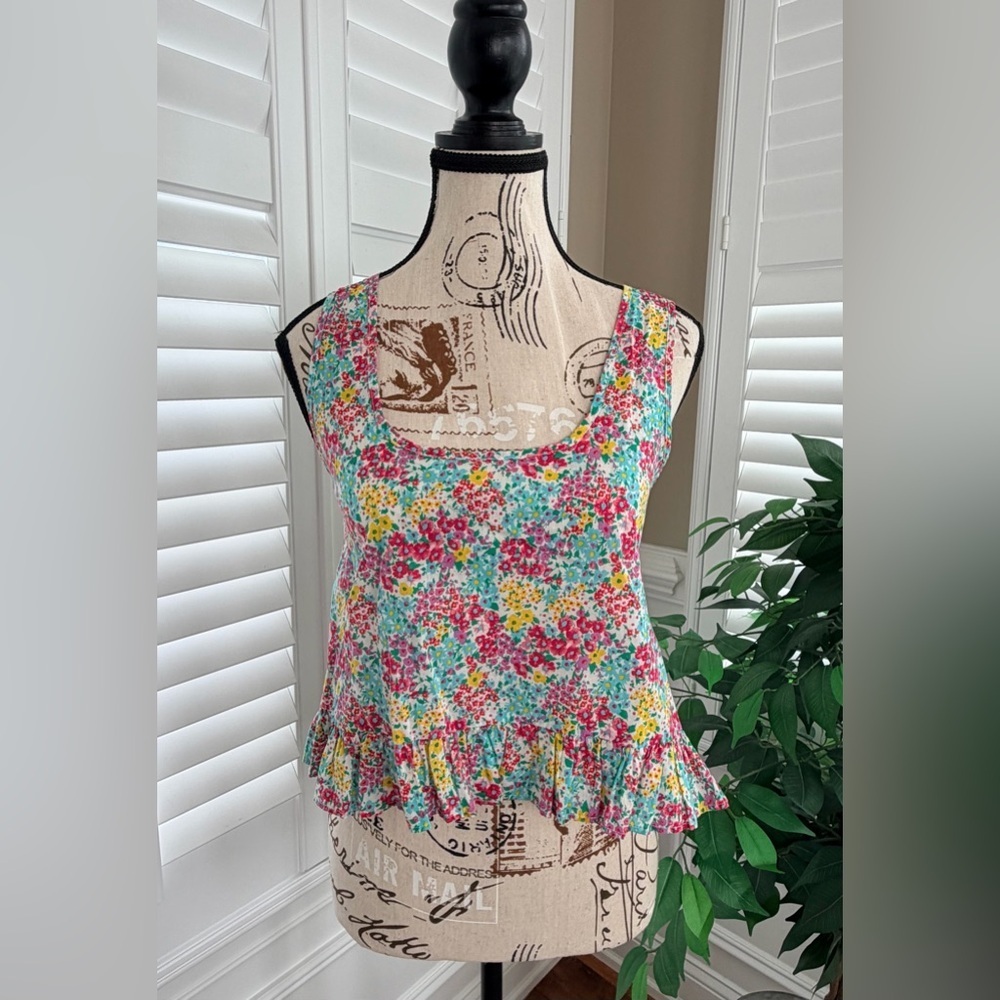 Max Rave Ditsy Floral Ruffle Hem Sleeveless Top Size Medium